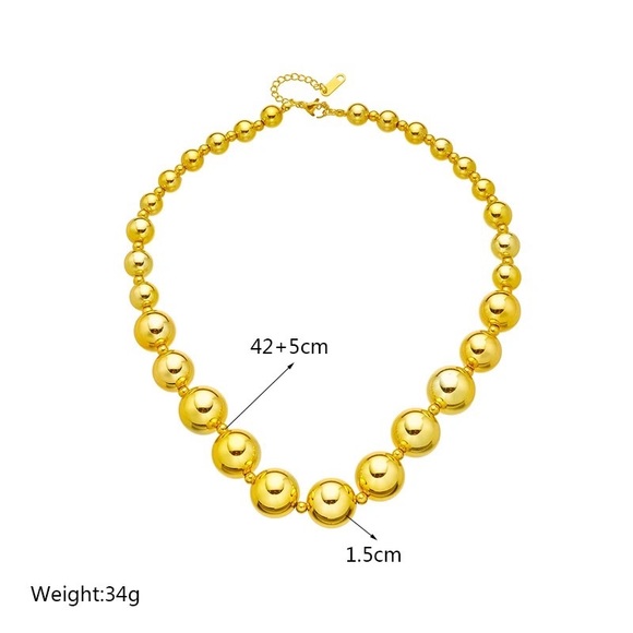 Gold Round Circle Link Chain Bead Balls Metallic Pearl Necklace - Picture 8 of 13